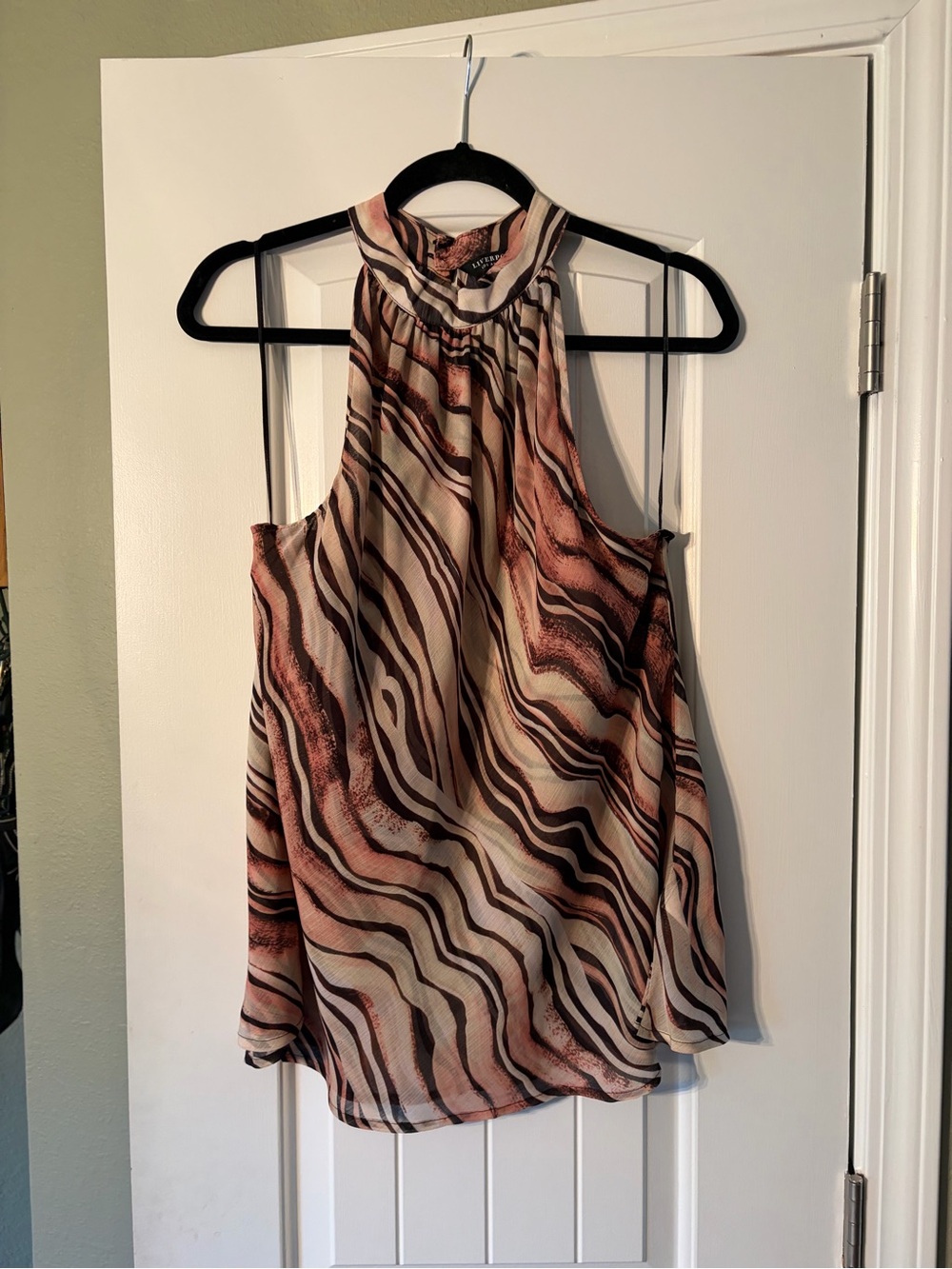 Liverpool Sleeveless High-Neck Zebra-Print Camisole in Brown and Cream